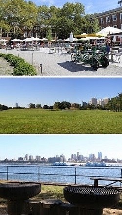 Food court at Liggett Terrace, view of Manhattan from the Parade Ground, and grilling stations