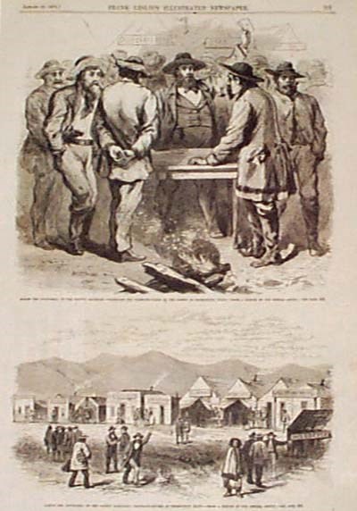 Drawing of men conducting business around a table. One man is holding up a paper, possibly selling something.