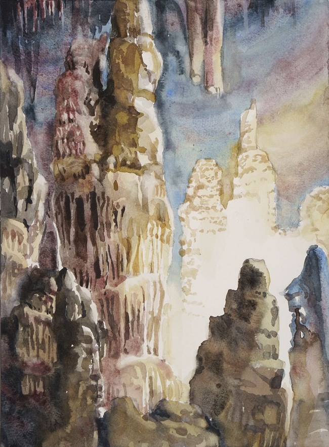 A watercolor painting of the interior of Lehman Caves. Many tans, and light pinks dominate the colors, with cave formations with drip like appearances coming off the floor and ceiling