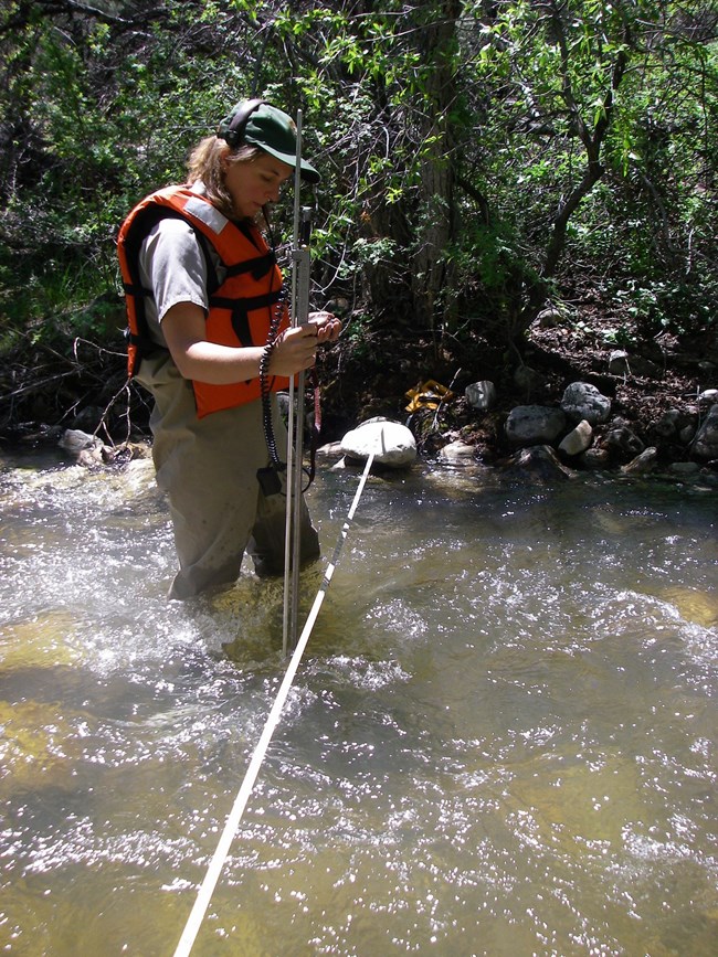 Person in stream measuring water