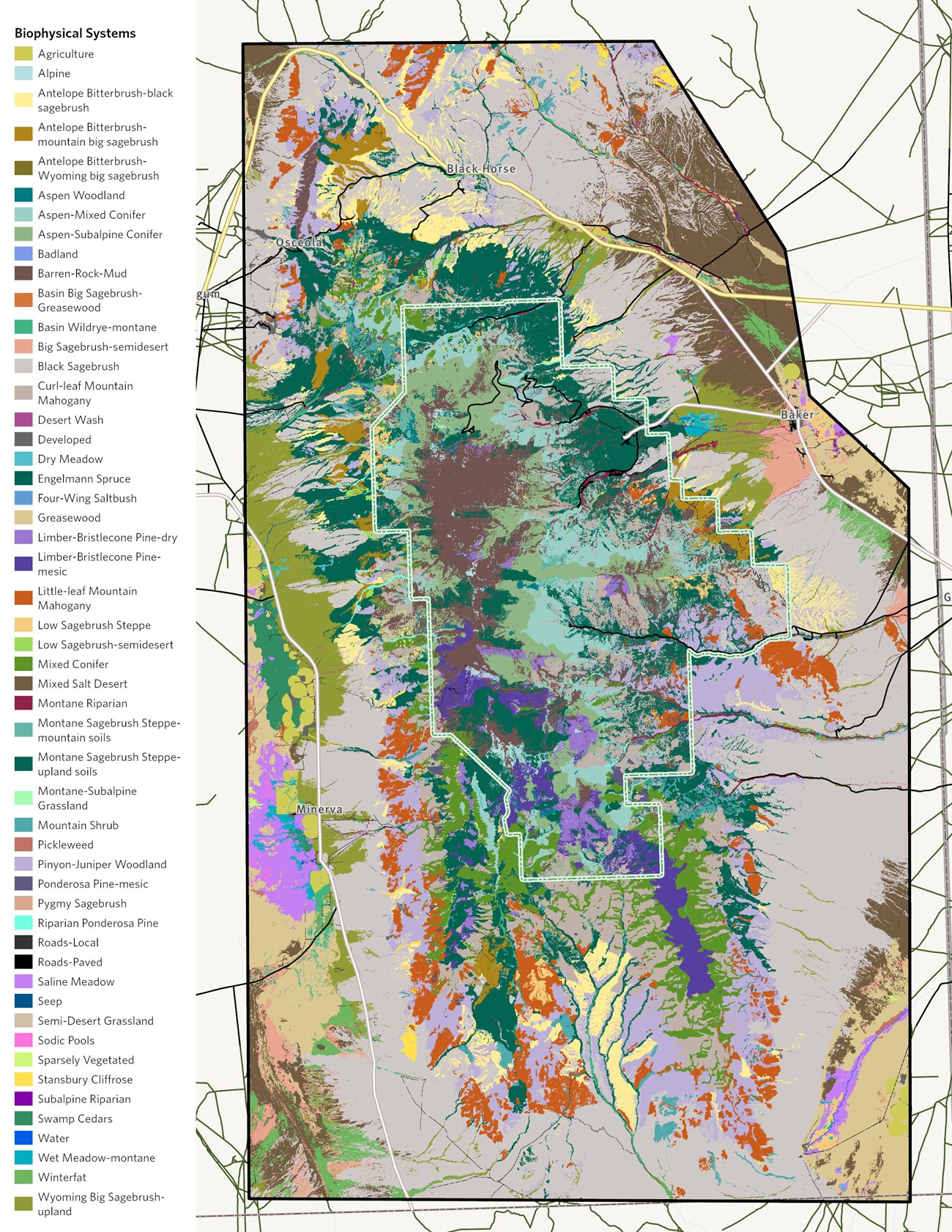 Map of park and surrounding area showing roads and different colors for different vegetation types.