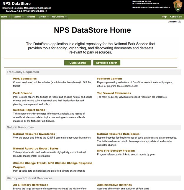 view of NPS datastore website page