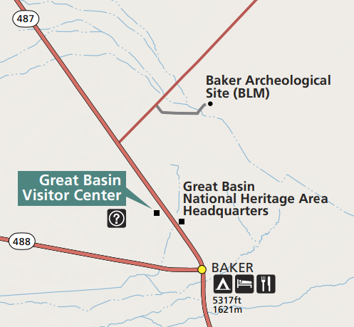 A map showing the location of the Baker Archaeological Site North of Baker, NV