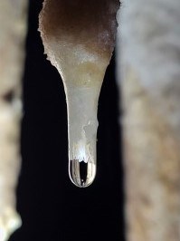 Close up of a drop of water hanging from cave formation with calcite crystals forming on surface of drop.