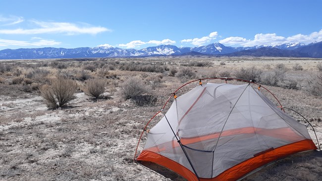 Tent surrounded by sage and open desert with snow-covered peaks in the background