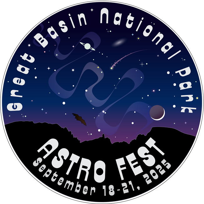 A circlular logo with text "Great Basin National Park - Astro Fest September 18-21. 2025" over a graphic of mountain silhouettes with bats, planets, stars, and a wavy faded line through the middle.