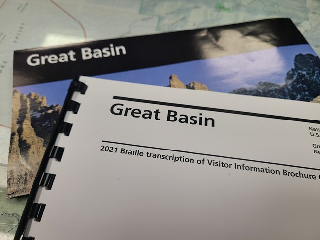 A color image of a white booklet with black text stating "2021 Braille Transcription of Visitor Information Brochure"