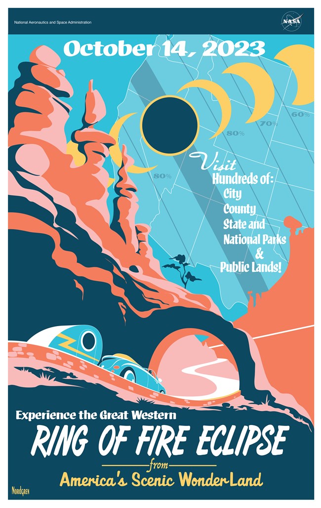 An illustrated color poster advertising the 2023 Annular Eclipse. An Old timey car tows a trailer through an arch, surrounded by red rocks and a map of the eclipse path in the background.