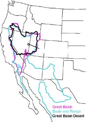 Map of the western U.S. with boundaries for the hydrographic, geologic, and biologic "Great Basin"