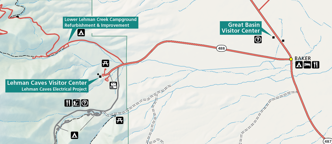 A color park map zoomed in on the Visitor Center areas to either side, with arrows pointing at the various projects detailed on this page.