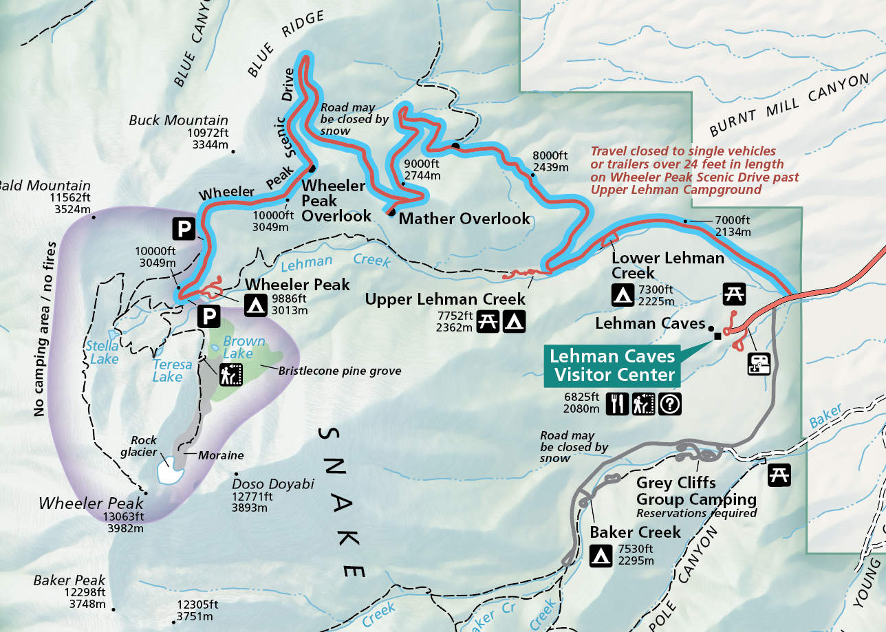 A color image of a selection of the official park map. A red road with a blue highlight is labelled "Wheeler Peak Scenic Drive"