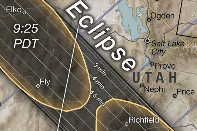 A small selection of a map. Within its bounds are eastern Nevada and Western Utah, stretching from Elko, NV to Price, UT. A golden circle represents the shadow of the eclipse with the text "9:25PDT" present within the shadow.