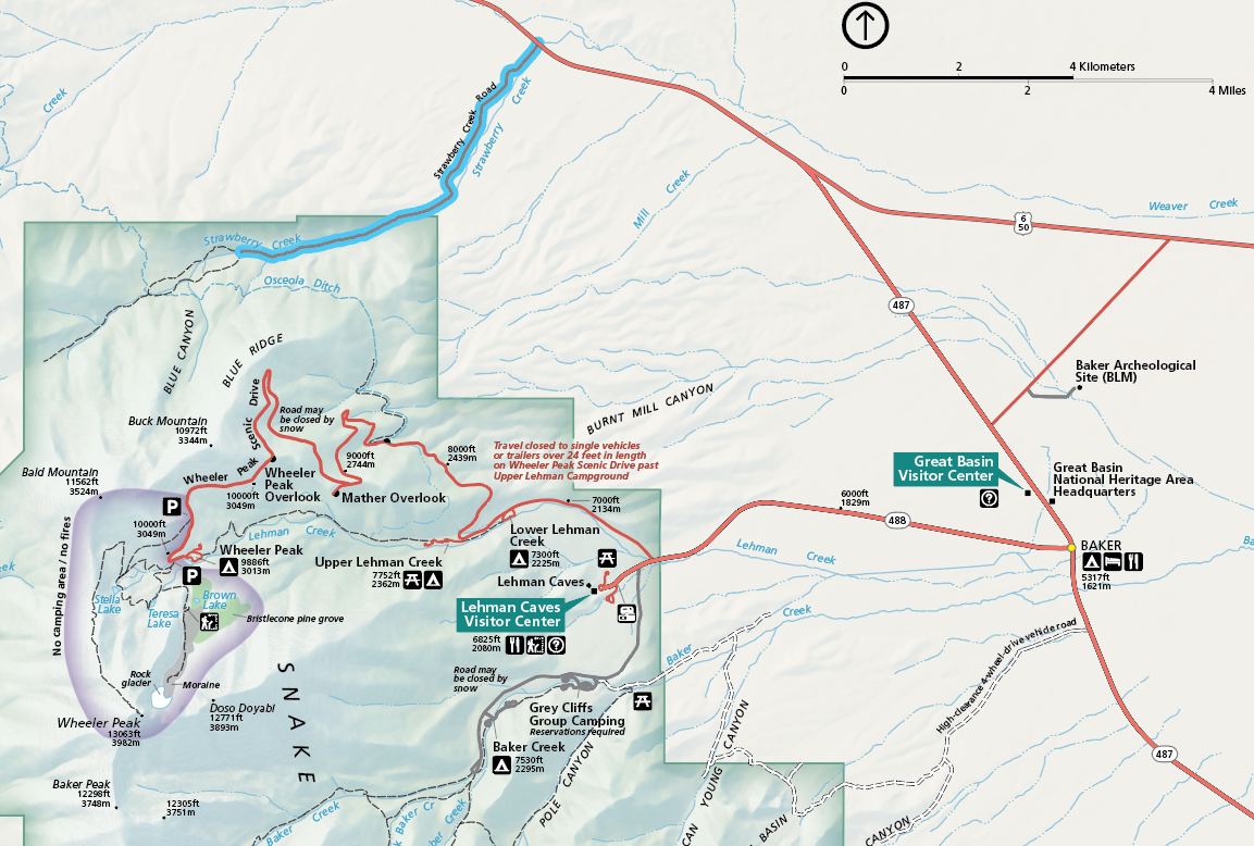 A color image of the park map with Strawberry Creek road highlighted in light blue near the top of the image