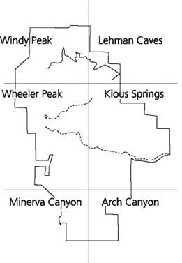 Topographic map sections (top to bottom, left to right): Windy Peak, Lehman Caves, Wheeler Peak, Kious Springs, Minerva Canyon, and Arch Canyon