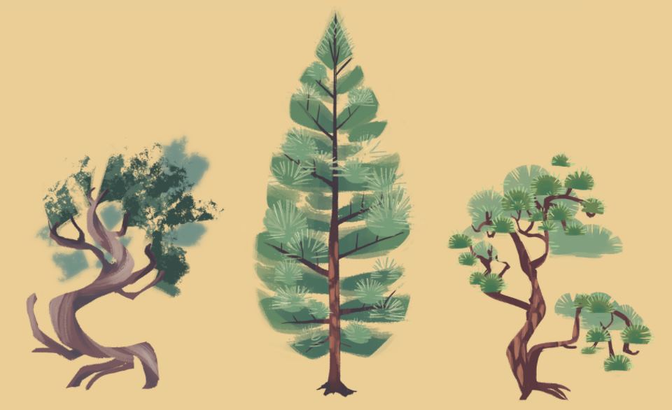 Three stylized, hand-painted trees against a pale yellow background. Illustration by Liz Byrley