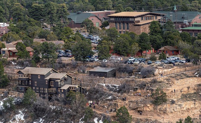 A view of Kolb Studio and other buildings along the South Rim of Grand Canyon National Park.