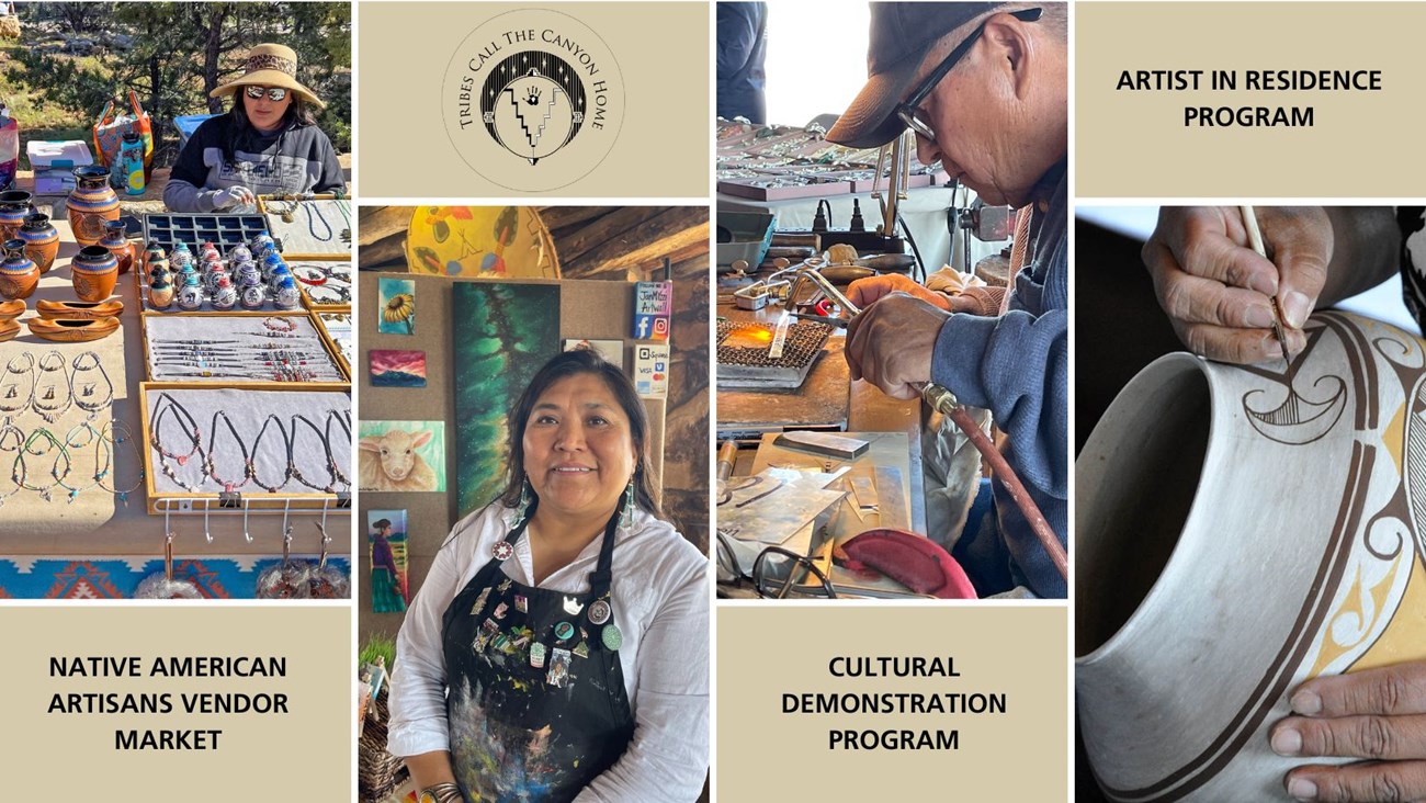 Four photos showing a vendor with a table of wares, a painter with paintings behind her, a jeweler with a blow torch, and a painter painting a delicate clay pot