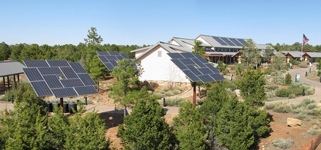 View of solar panels installed by the Grand Canyon Visitor Center.