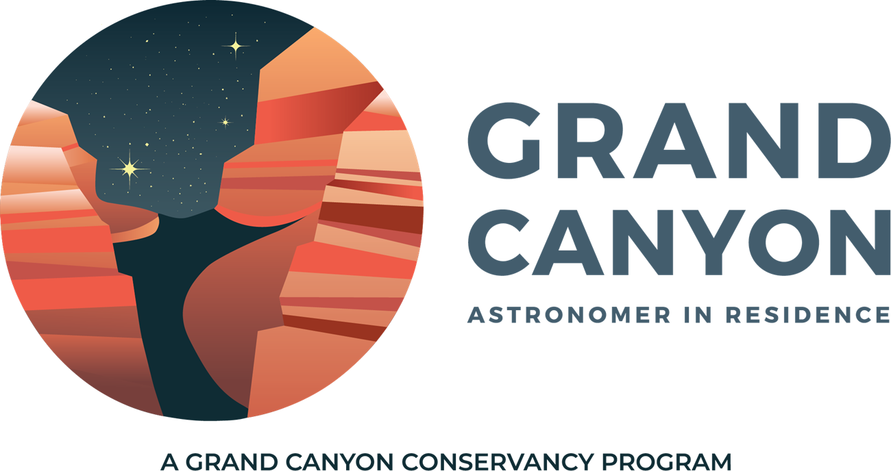 Logo, circular graphic with striped reddish cliffs on left and right, a dark blue river below, and a starry sky above. Text reads, "Grand Canyon Astronomer in Residence, a Grand Canyon Conservancy Program."