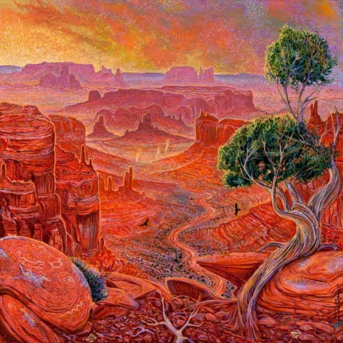 Painting of a desert landscape in red and orange tones with a twisted juniper tree in the foreground leading off into a desert landscape of cliffs and monuments.