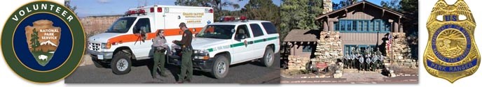 Volunteer unit program collage shows from left to right: NPS volunteer loge, an ambulance with a patrol car, rangers standing on the steps of the operations building, a ranger badge.