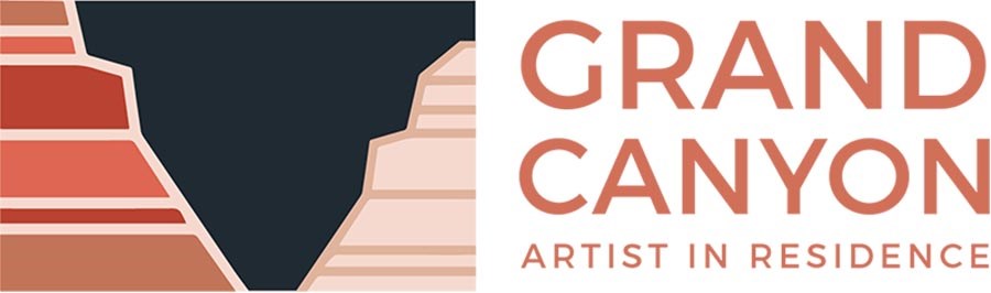 Stylized graphic with bands of rust and vermilion color representing the rock layers that make up canyon walls. Text reads: "Grand Canyon Artist in Residence"