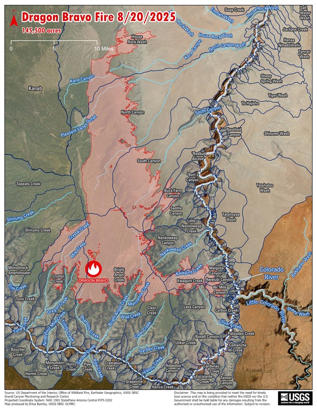 A topographic map showing the Dragon Bravo Fire and the associated impacted drainages