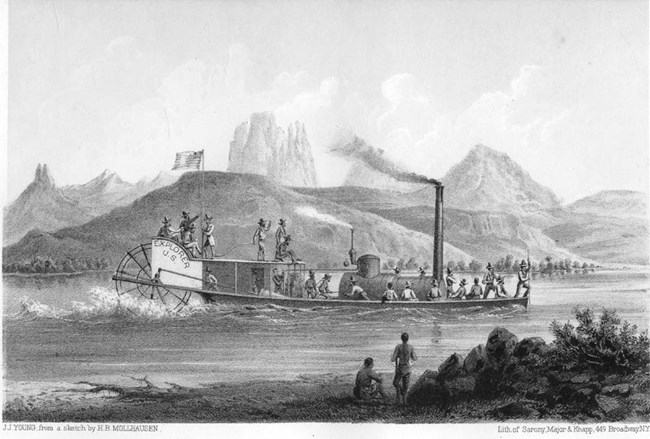 Print of a vintage steamboat in front of rugged terrain.