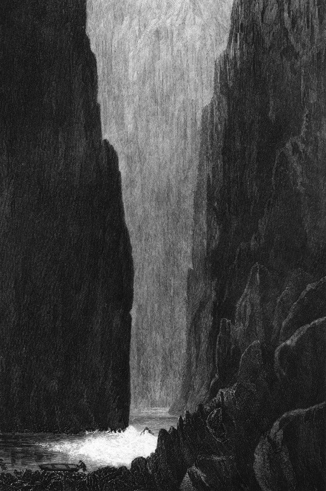 Artwork of the Grand Canyon's steep, dark cliffs with the river rapids below.