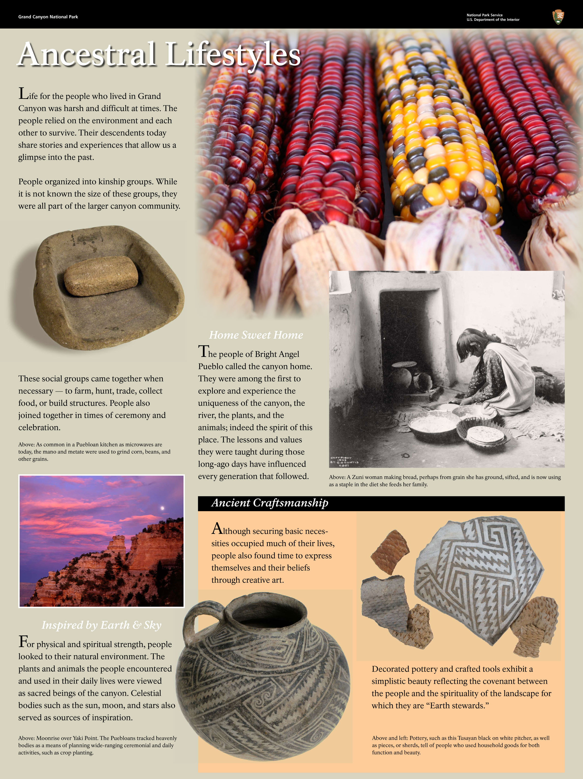 4BA_Pueblo Exhibit: Ancestral Lifestyles inspired by earth and sky. shows colorful corn ears, corn grinding stones, historic photo of a woman making bread, decorated pottery and crafted tools.
