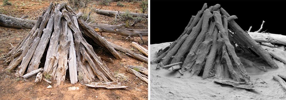 Stacked tree branches forming a triangular shaped sweat lodge, with an open side (left). A black and white 3D digital image of the same structure (right) was created by laser scanning.