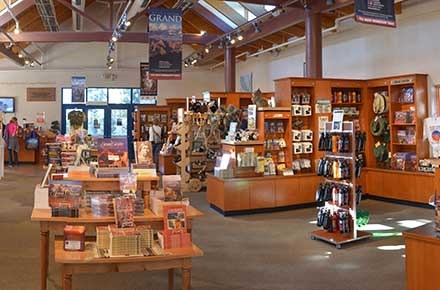 Interior view of bookshelves and retail displays in a large bookstore.