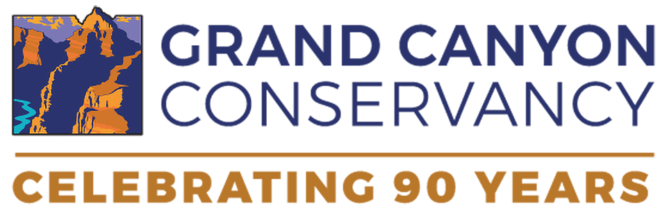 Logo shows a posterized graphic of a peak within Grand Canyon with a river down below. Colors are purple, vermillion and mustard yellow. Text: Grand Canyon Conservancy Celebrating 90 Years.