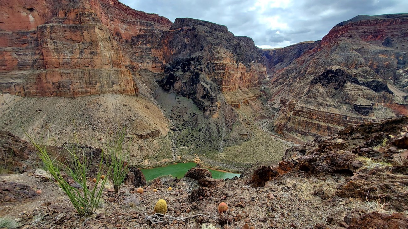 Dark canyon clifffaces and a green octollio on a primite route path