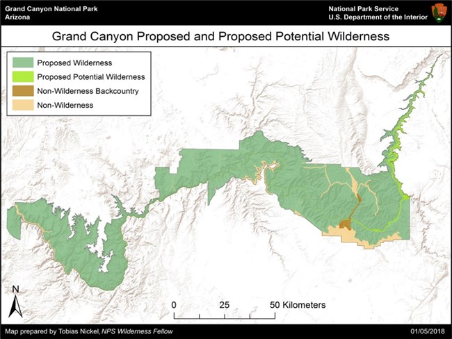 A map depicting the various regions of Grand Canyon National Park that are proposed and potential wilderness areas.