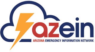 Arizona Emergency Information Network logo with the letters: azein next to a stylized cloud and lightning bolt.