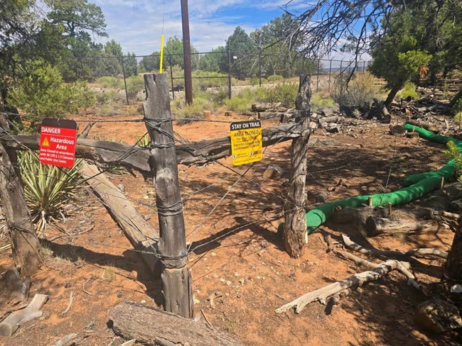 in a forested area, fence posts from the corner of a boundary of a restricted area.