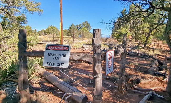 In a forested area, 5-foot fence posts mark a boundary with signs: “Danger – Rehabilitated Area – Keep Out” and “Please Remain Behind Fence.” Beyond them stands a 10-foot chain-link fence enclosing the interior restoration zone.