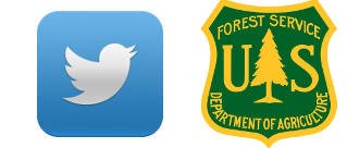 Two logos side-by-side. Twitter logo with a silhouette of a white bird against a blue background and U.S. Forest Service Logo in the shape of a shield with a green background with yellow letters and a stylized pine tree.