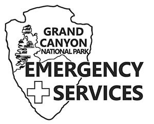 a line drawing of an NPS arrowhead with the words "Grand Canyon National Park Emergency Services superimposed over the graphic.