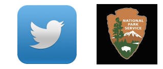 Two logos side-by-side. A Twitter logo with a white bird silhouette against a blue background, and an NPS arrowhead against a black background