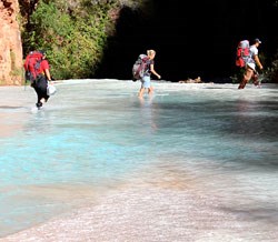 researchers hiking into site