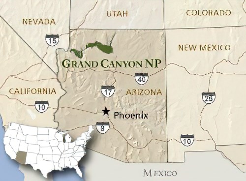 Map of Grand Canyon National Park in Arizona. Map depicts closeness of Grand Canyon NP to the Four Corners region.