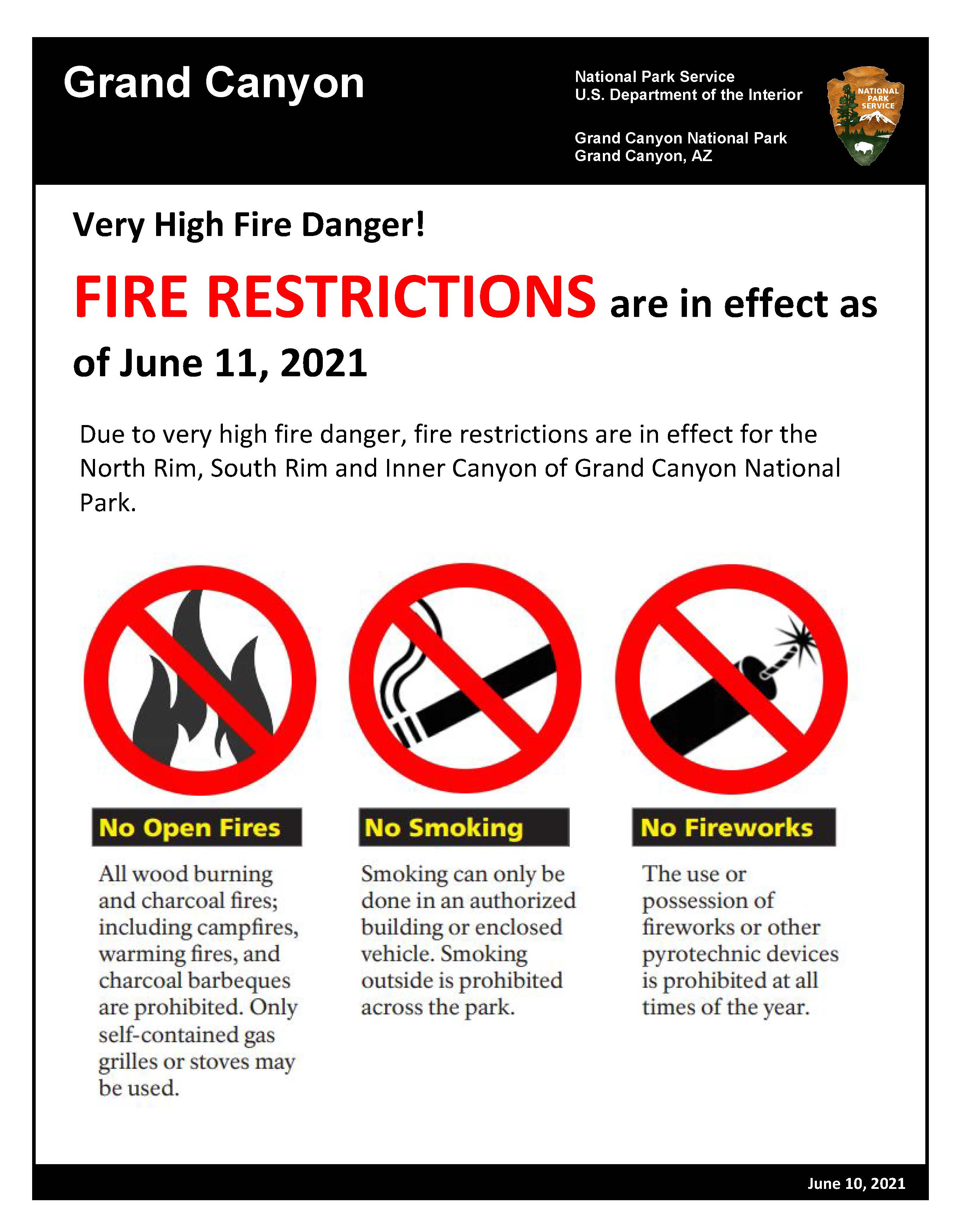 Graphic image with visuals showing no wood burning fires, no smoking, and no fireworks. Fire restrictions are in effect at Grand Canyon beginning June 11, 2021.