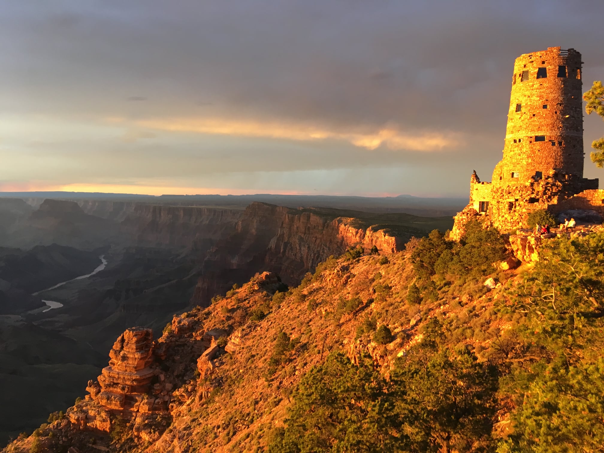 The Desert View Watchtower is prominent across the canyon landscape