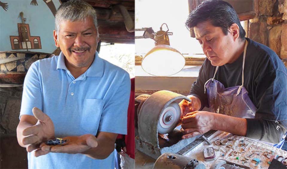 Jimmy Yawakia, on the left, smiling, Duran Gasper, on the right, is shown sitting at a work table and polishing some pieces of turquoise on a wheel.