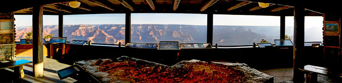 Interior of Yavapai Geology Museum looking out windows at Grand Canoyn. Photo by William Joye