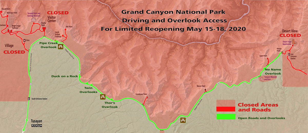 Map showing open and closed areas of Grand Canyon National Park South Rim