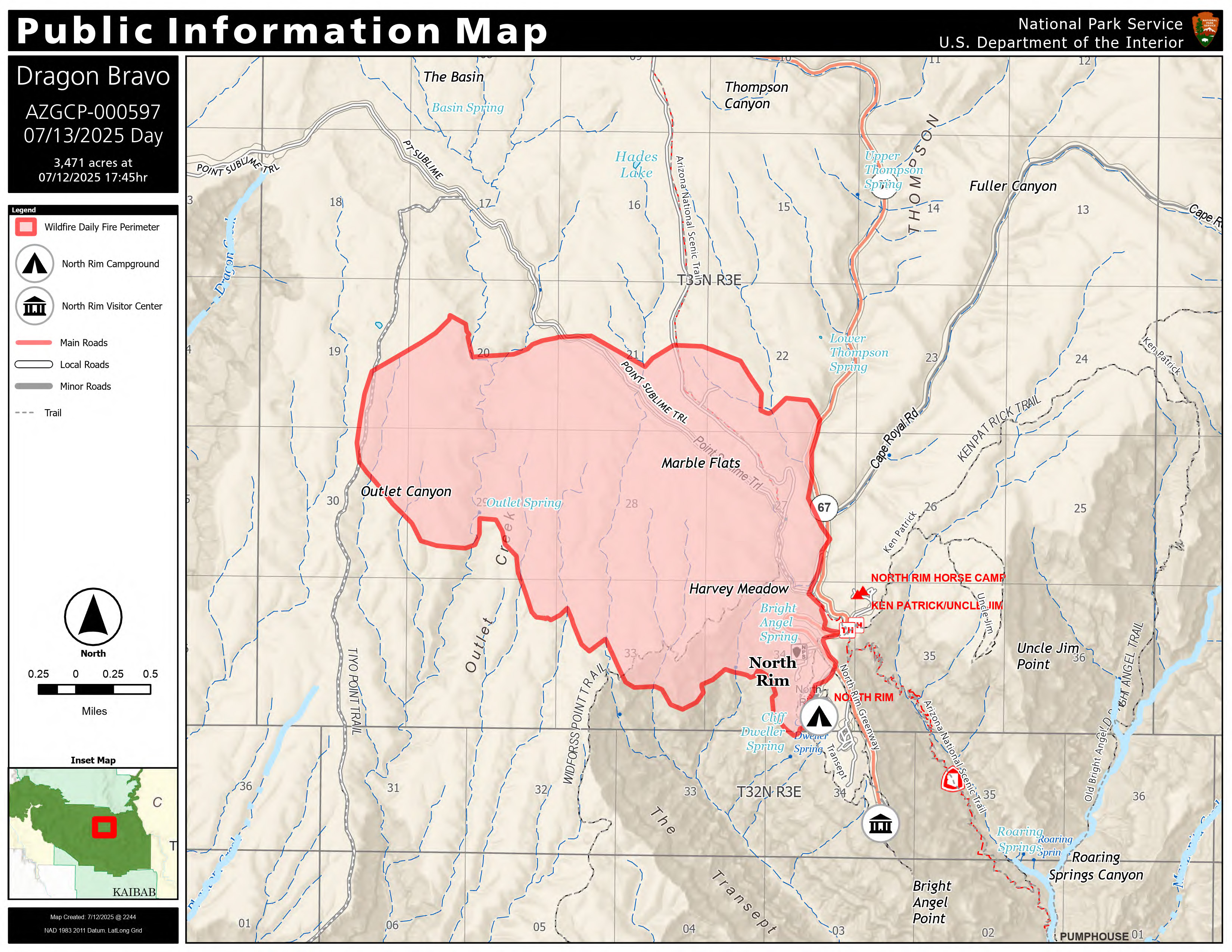PIO Map showing the extent of the Dragon Bravo Fire encompassing most of the southern peninsula of the Kaibab Plateau