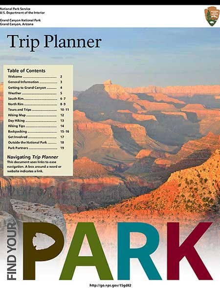 Image of front cover of Grand Canyon Trip Planner: shows golden sunset scene looking into canyon.